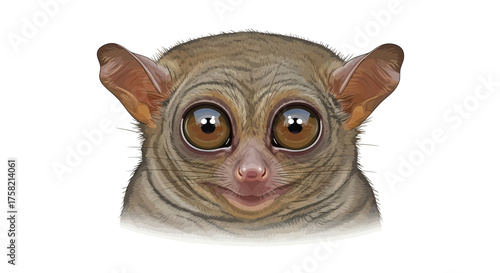 Adorable Tarsier Face Illustration Large Eyes Brown Fur and Smiling Expression.