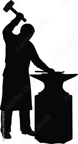 Silhouette of blacksmith forging metal on anvil with hammer, industrial craftsman working in workshop, traditional labor vector illustration design