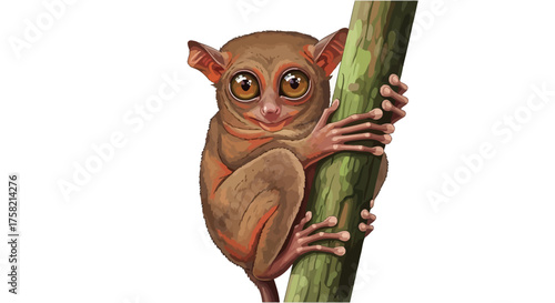 Cartoon Tarsier clinging to a green branch with big brown eyes.
