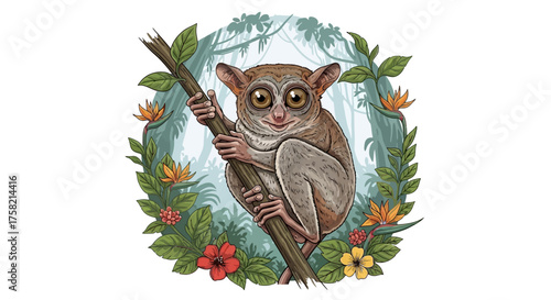 Cartoon Tarsier Clinging to Branch with Big Eyes and Floral Frame.