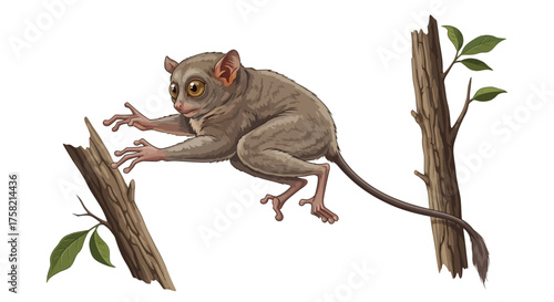 Cartoon Tarsier Leaping Between Branches with Large Eyes and Long Tail.