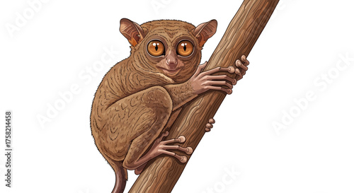 Cartoon Tarsier Clinging to Branch with Large Eyes and Furry Texture.