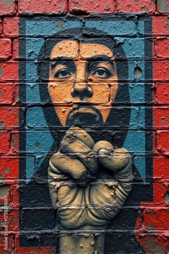 Graffiti art on brick wall with retro protest symbols and textures. A medium shot of a textured, aged brick wall with stylized graffiti art. The art features abstract shapes and bold patterns