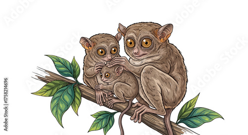 Tarsier Family on Branch Cartoon Illustration with Detailed Fur Texture.