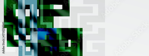 Abstract geometric shapes dominate image. Greens, blues, whites blend creating complex visual texture. Minimalist design evokes digital art.