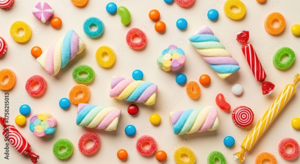 Fototapeta premium Colorful Candy Flat Lay: A Sweet and Playful Confectionery Arrangement