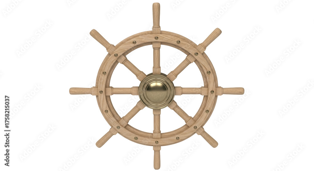 Obraz premium Isolated wooden ship wheel with handle, steering control for boat nautical decoration