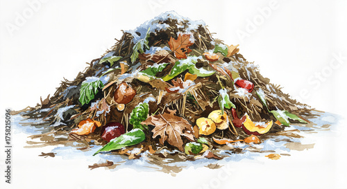 Compost pile of autumn leaves and fruits covered in snow  