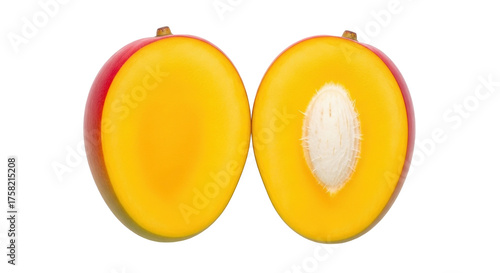 Photos Isolated halved mango fruit, vibrant colors, showing yellow flesh and a large wh