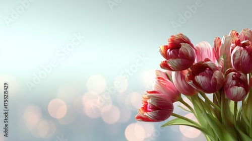 Delicate pink and red tulips with bokeh background.