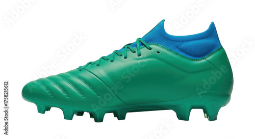 Photos Isolated Green Soccer Cleat with Blue Collar, Footwear for Field, Sport Shoe on