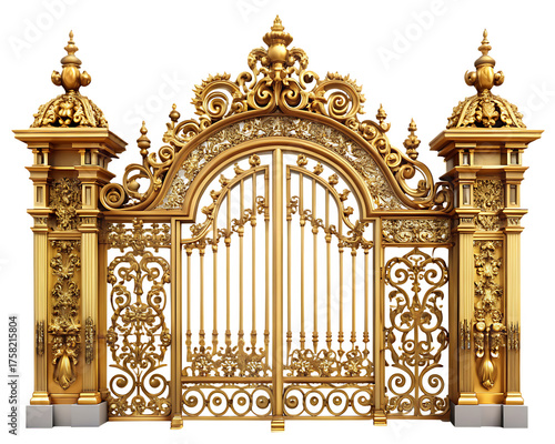 Ornate golden palace entrance gate isolated on white background