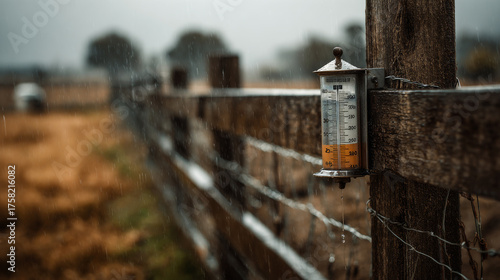A rain gauge on a rural farm property collects precipitation data during a stormy day