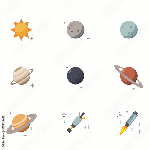 Explore the cosmos with stunning celestial bodies and futuristic spacecraft icons for educational and imaginative projects

