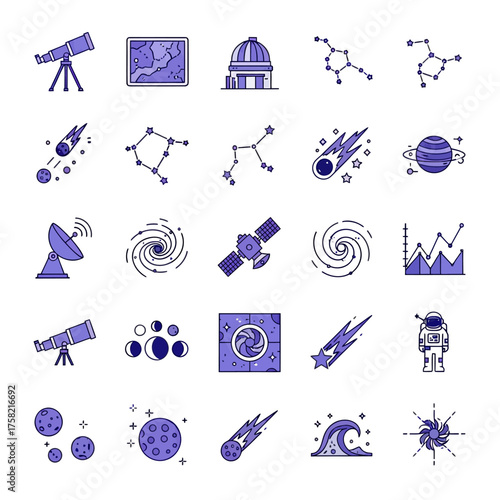 Explore the cosmos with stunning icons depicting telescopes, constellations, planets, and astronauts for your next space-themed project
