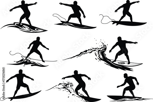 Surfer silhouette vector set with wave splashes, action poses, and ocean motion for beach, sport, summer, adventure, and water design