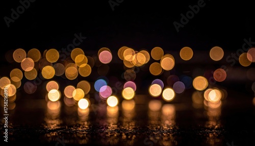 Bokeh blurry spots glow with warm & cool light on dark ground