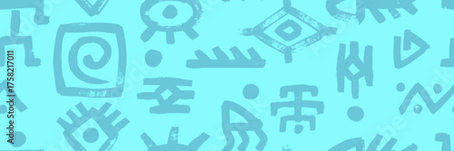 Seamless tribal vector pattern showing eye, swirl, tropical fish bone, and people symbols. Patchwork drawing in blue wax, ink, and charcoal brush style, traditional crayon wallpaper graphic art.