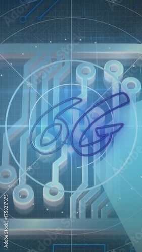 Animation of 6g text, scope scanning over circuit board of computer server