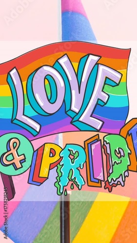 Animation of rainbow flags over midsection of lesbian couple drinking coffee