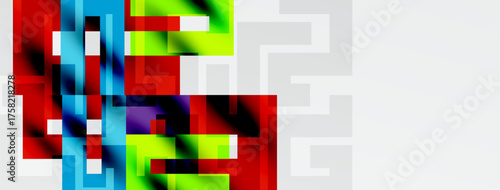Abstract colorful squares, rectangles form mosaic pattern. White space dominates right side. Modern digital art style.