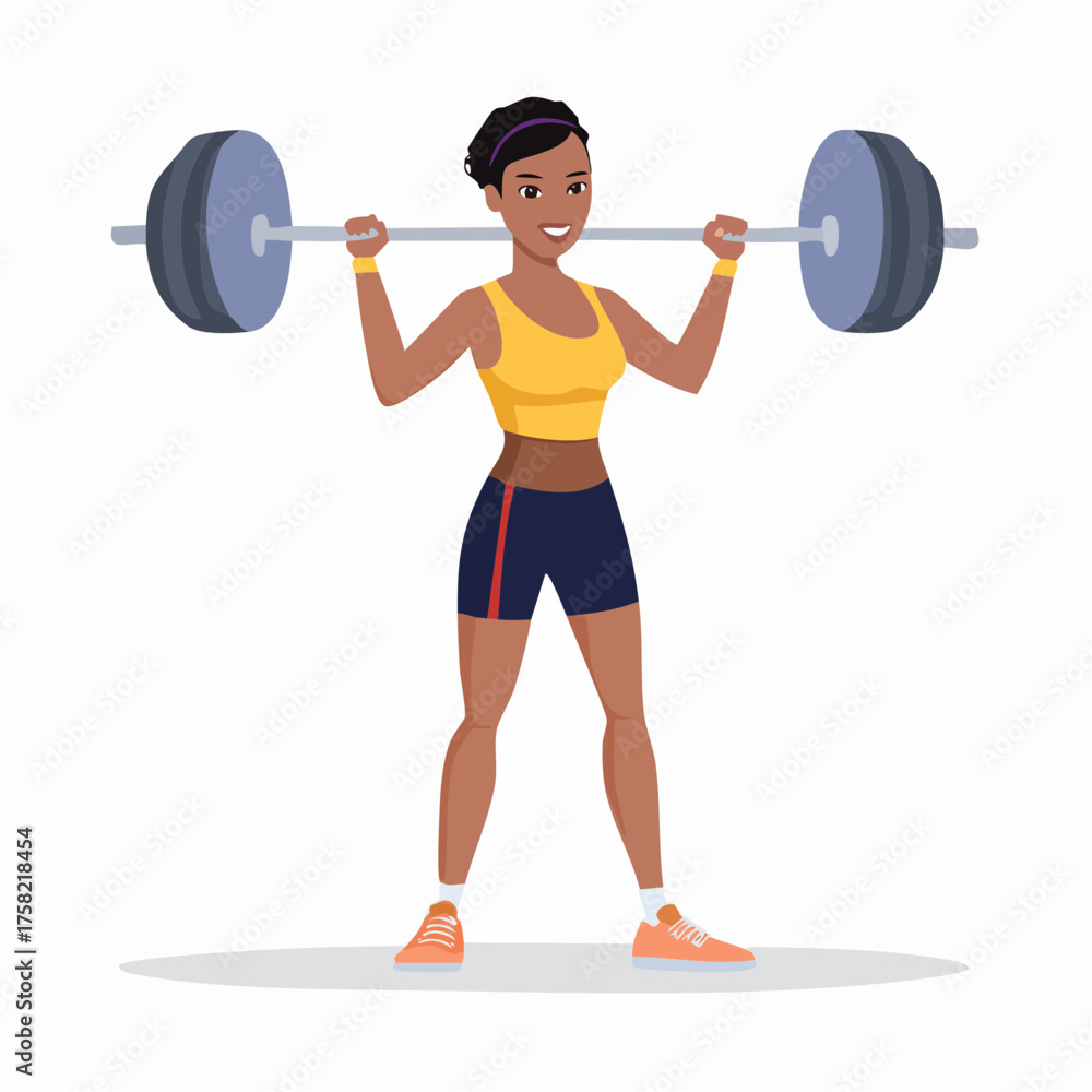 Obraz premium Cartoon illustration of a strong African American woman lifting a barbell during a workout.