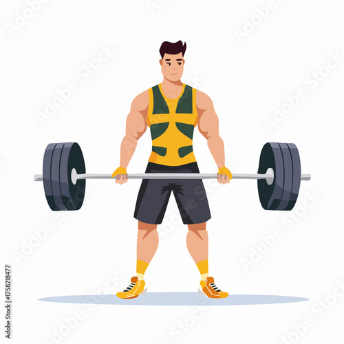 Illustration of a muscular man lifting a barbell with weights in a gym.