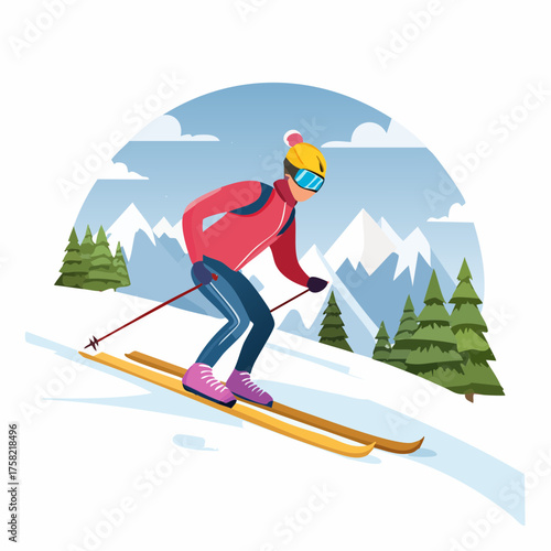 A person in winter gear skiing down a snowy mountain slope with a scenic alpine background.