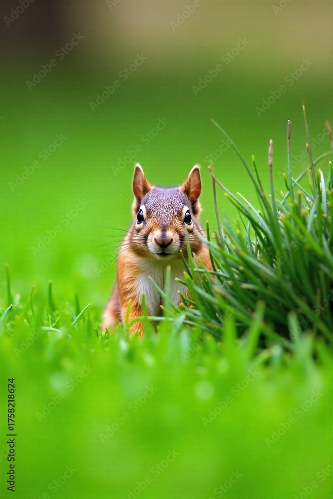 Naklejka premium Squirrel s bushy tail playfully peeking from behind a clump of grass. A vibrant, shallow depth of field photograph focusing on the fluffy, bushy tail of a squirrel peeking out from behind a lush clump