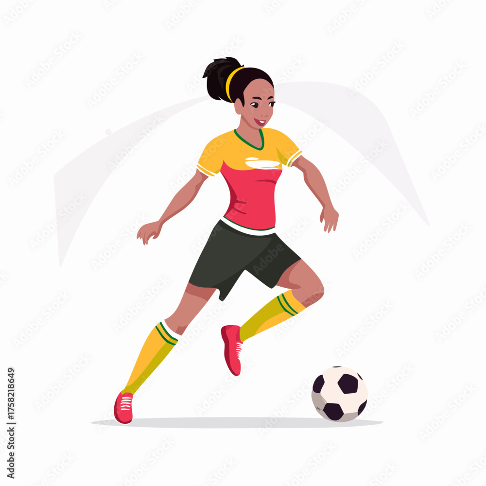 Obraz premium An athletic woman of color in a red and yellow uniform dribbling a soccer ball.