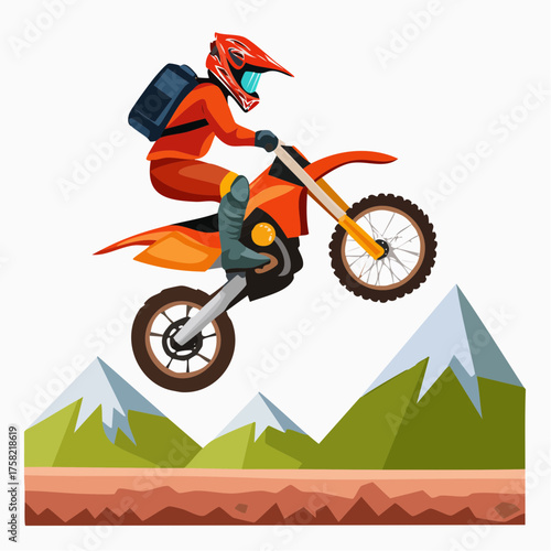 Cartoon illustration of a motocross rider jumping an orange dirt bike over mountains, depicting extreme sports and adventure.