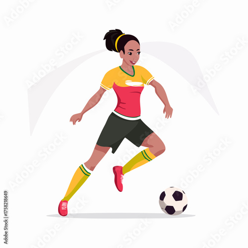 An athletic woman of color in a red and yellow uniform dribbling a soccer ball.