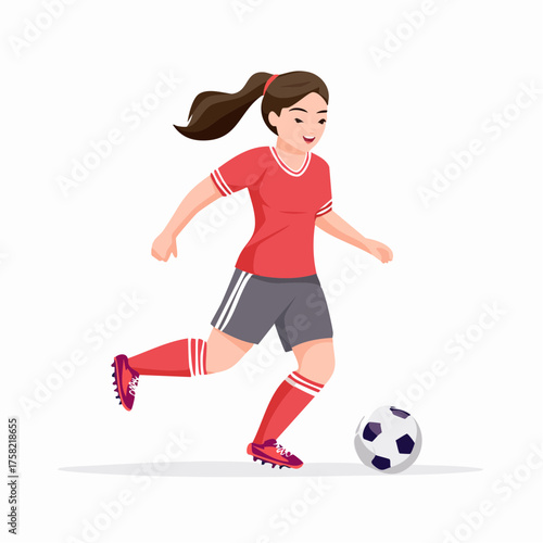 A young girl in a red jersey and grey shorts dribbling a soccer ball on a white background, actively playing the sport.