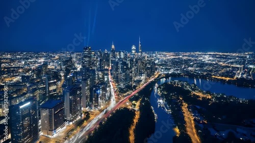 A high-angle night cityscape with illuminated buildings, roads, and river