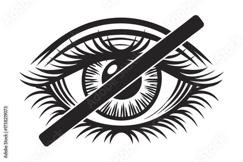 Black eye with a line through it illustrates inability to see or unsee something