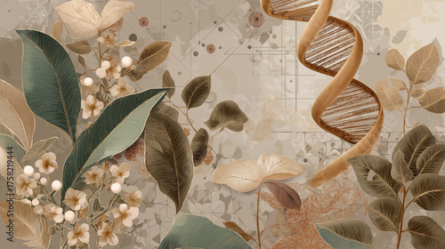 Botanical DNA Concept Art – Abstract Illustration of DNA Strand Intertwined with Elegant Vintage Leaves and Flowers in Earth Tones