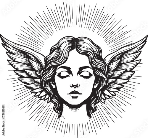 A divine angel with closed eyes and serene expression, embodying peace, hope and spiritual harmony, is encircled by a radiant halo and large detailed wings in a photorealistic illustration.