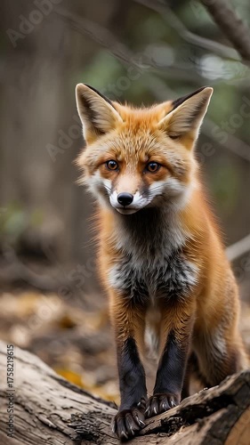 Fox on a log in the woods during daytime
