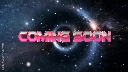 Coming soon typography with lightning bolts in space background