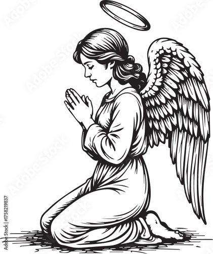 An angelic figure, knelt in reverent prayer, evokes a sense of spiritual peace, surrounded by the ethereal glow of a halo, rendered in a detailed and expressive illustration.