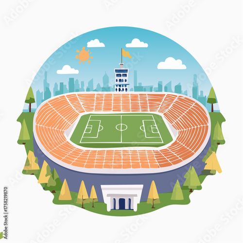 Vector illustration of a large football stadium with orange stands set against a city skyline background.