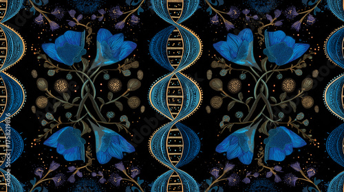 Elegant Blue Floral and DNA Helix Pattern – Seamless Scientific Botanical Illustration on Black Background