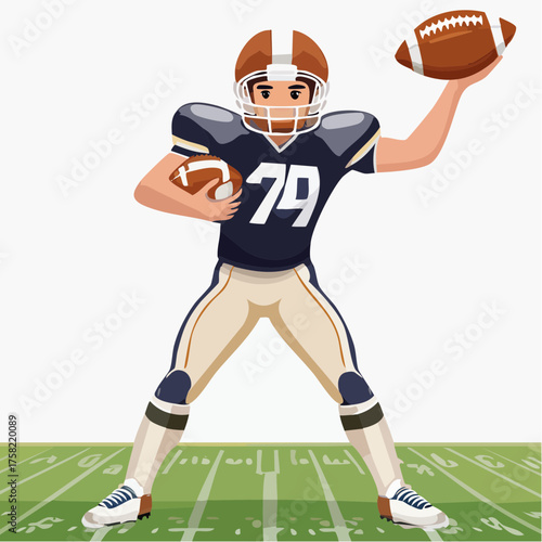 Cartoon illustration of an American football player in uniform holding two footballs on a green field.