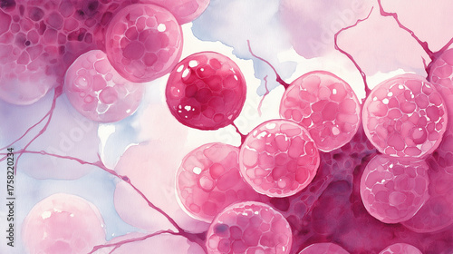 Watercolor Microscopic Cells – Artistic Illustration of Pink and Red Biological Structures