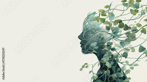Nature and Mind – Watercolor Silhouette of a Woman Blending with Green Leaves and Vines