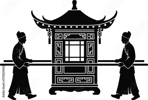 Traditional Asian palanquin carried by two men in ceremonial attire with ornate roof, cultural patterns, heritage transport, historical vector illustration