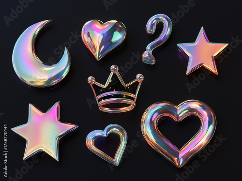 A set of cute 3D stickers on a black background