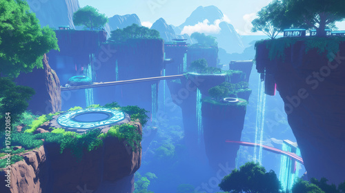 Illustration with waterfalls and greenery, a technology base in the jungle