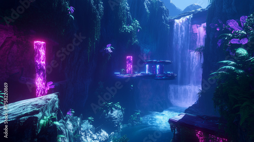 Illustration of a magical jungle with a waterfall and glowing purple plants