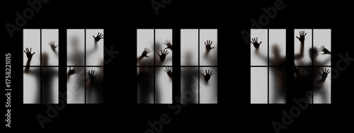 Obraz na plátně Halloween haunted people showing up behind windows in white mist on black backgr